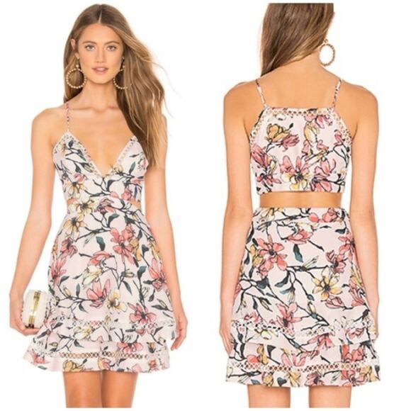 Aijek Gabriella Mini Dress Womens 2 White Floral Ruffl V-Neck Crochet Tropical - Picture 1 of 7